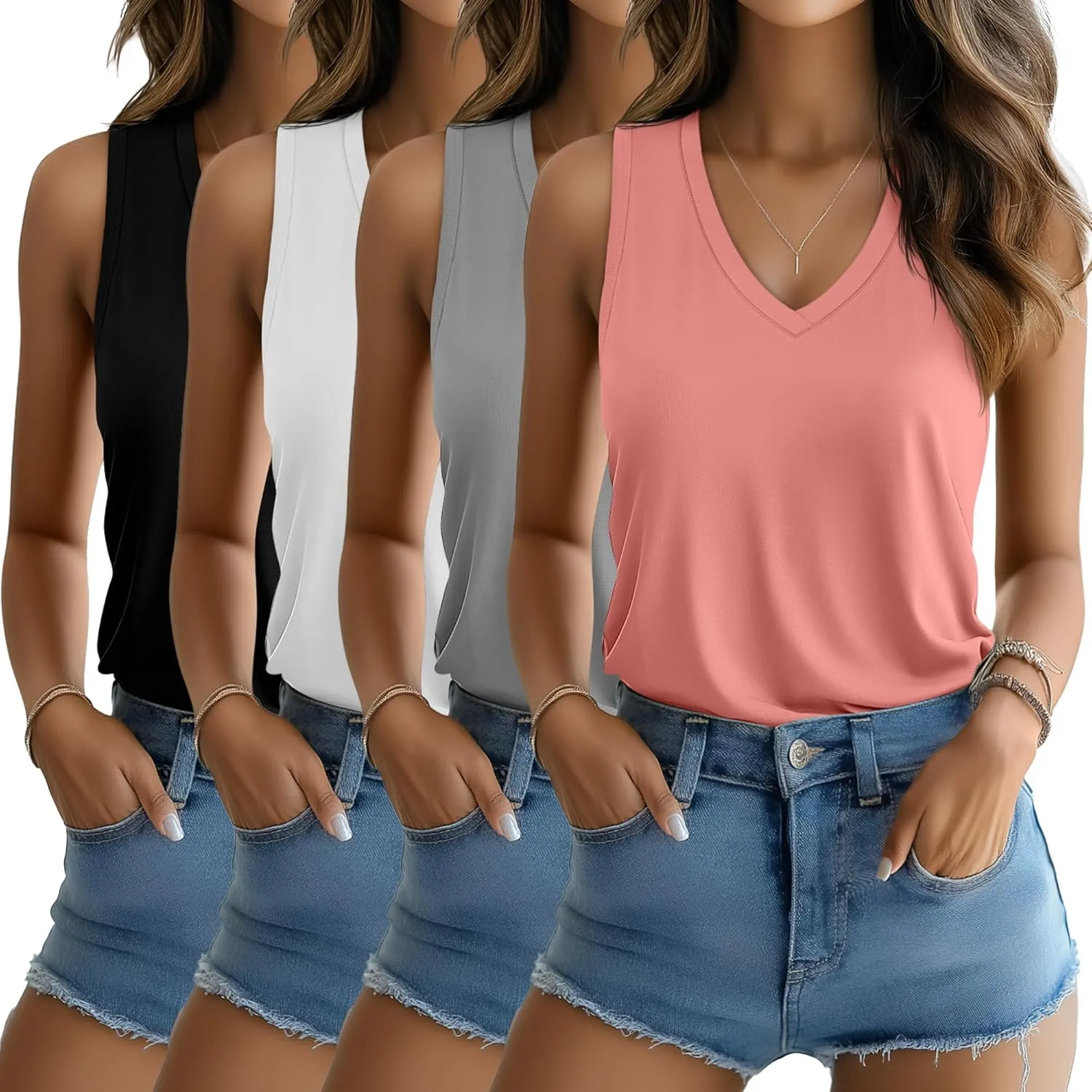 Riyiper 4 Pack Women's Tank Tops 2025 V Neck Shirts Casual Sleeveless Loose Fit Cotton Summer Basic Tee