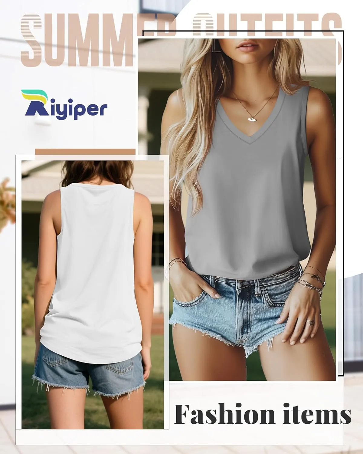 Riyiper 4 Pack Women's Tank Tops 2025 V Neck Shirts Casual Sleeveless Loose Fit Cotton Summer Basic Tee