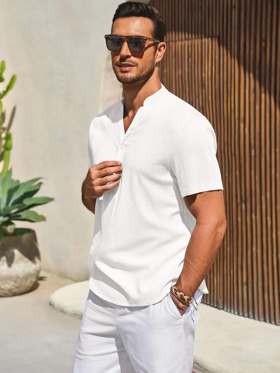 Runcati Mens Casual Henley Shirts Linen Short Sleeve V Neck Band Collar Shirt Beach Summer Hippie Lightweight Tops