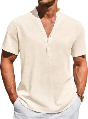 Runcati Mens Casual Henley Shirts Linen Short Sleeve V Neck Band Collar Shirt Beach Summer Hippie Lightweight Tops
