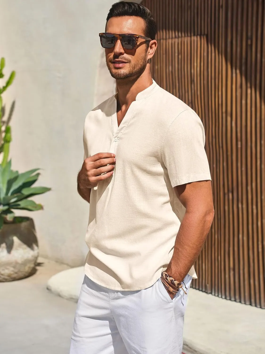 Runcati Mens Casual Henley Shirts Linen Short Sleeve V Neck Band Collar Shirt Beach Summer Hippie Lightweight Tops
