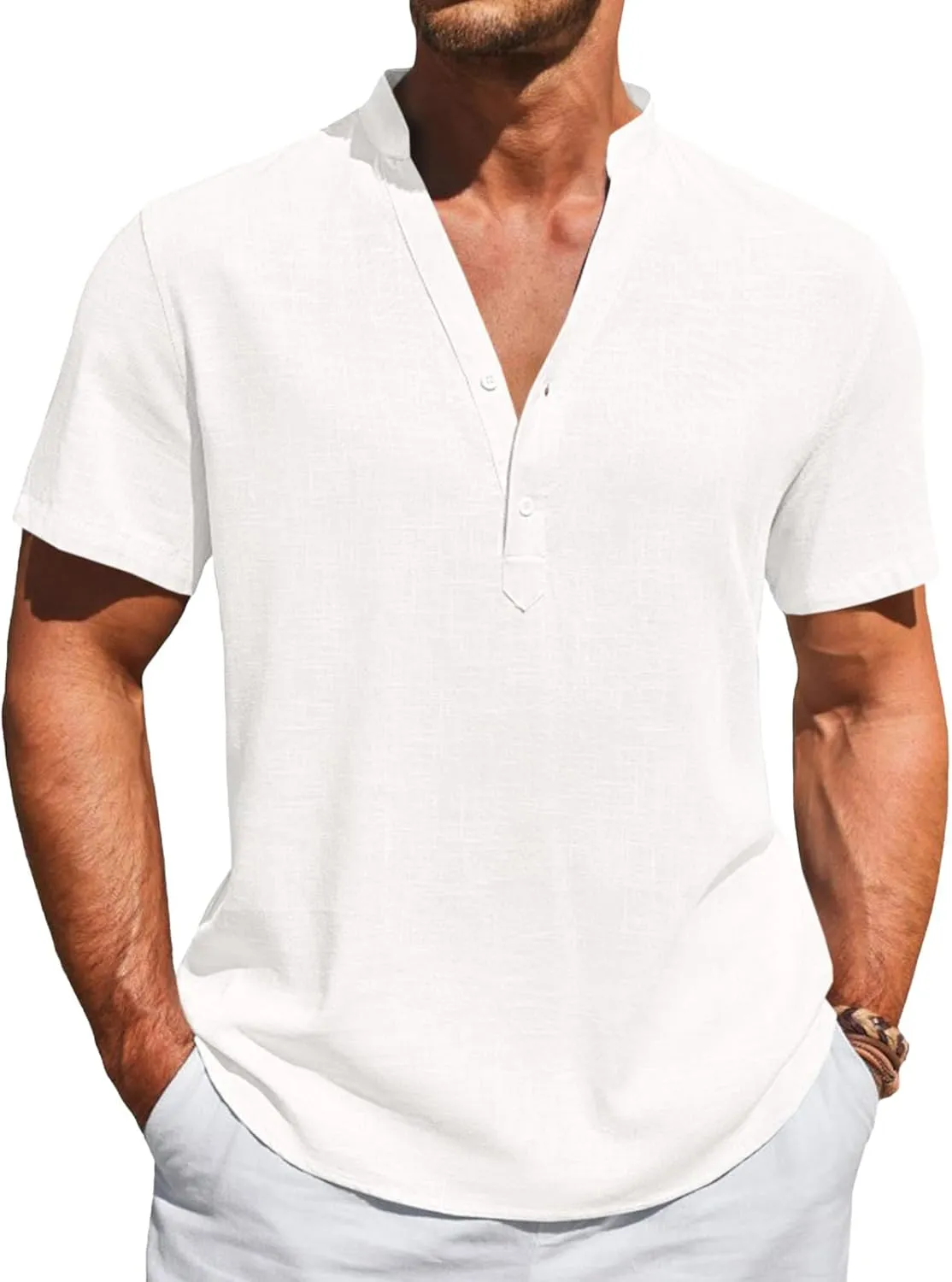 Runcati Mens Casual Henley Shirts Linen Short Sleeve V Neck Band Collar Shirt Beach Summer Hippie Lightweight Tops