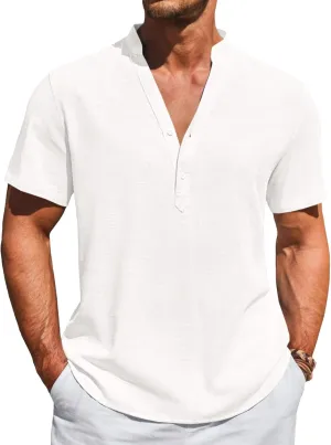 Runcati Mens Casual Henley Shirts Linen Short Sleeve V Neck Band Collar Shirt Beach Summer Hippie Lightweight Tops