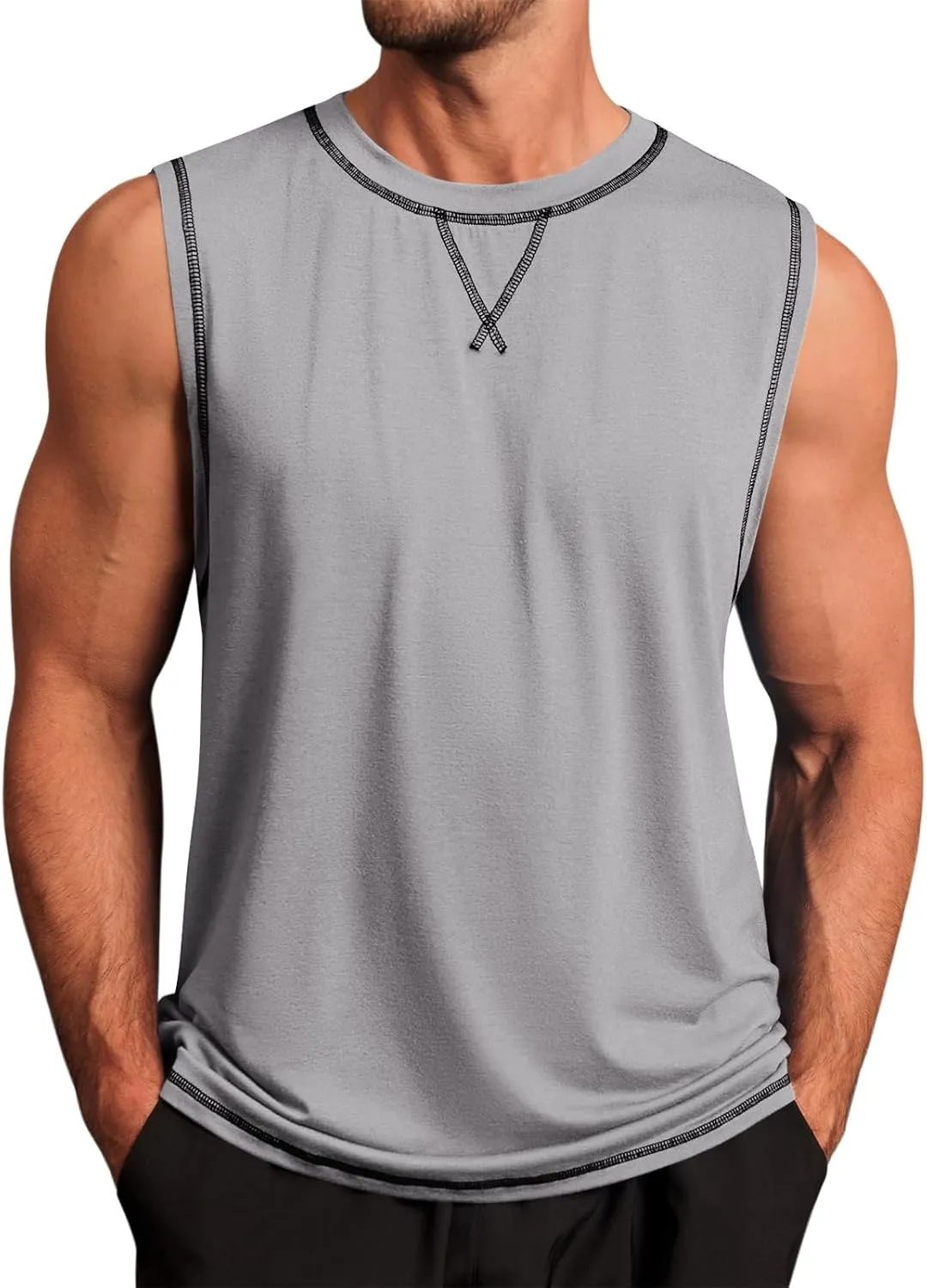 Runcati Mens Workout Tank Tops Sleeveless Casual Crewneck Beach T Shirt Muscle Athletic Gym Running Tee