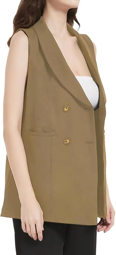 S7 Women's Sleeveless Vest Classic Double Breasted Suit Vest Casual Waistcoat Solid Business Blazer Vest with 2 Pockets