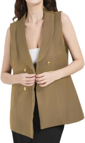 S7 Women's Sleeveless Vest Classic Double Breasted Suit Vest Casual Waistcoat Solid Business Blazer Vest with 2 Pockets