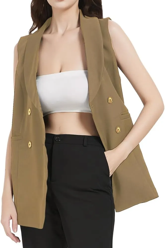 S7 Women's Sleeveless Vest Classic Double Breasted Suit Vest Casual Waistcoat Solid Business Blazer Vest with 2 Pockets