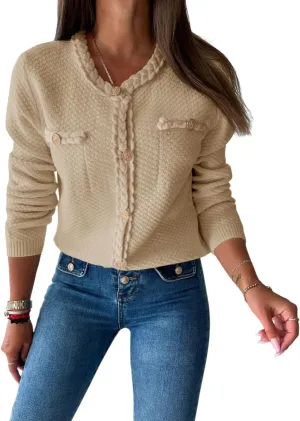Saodimallsu Womens Button Up Cardigan Long Sleeve Open Front Cable Knit Fall Trendy Sweater Jacket with Pockets