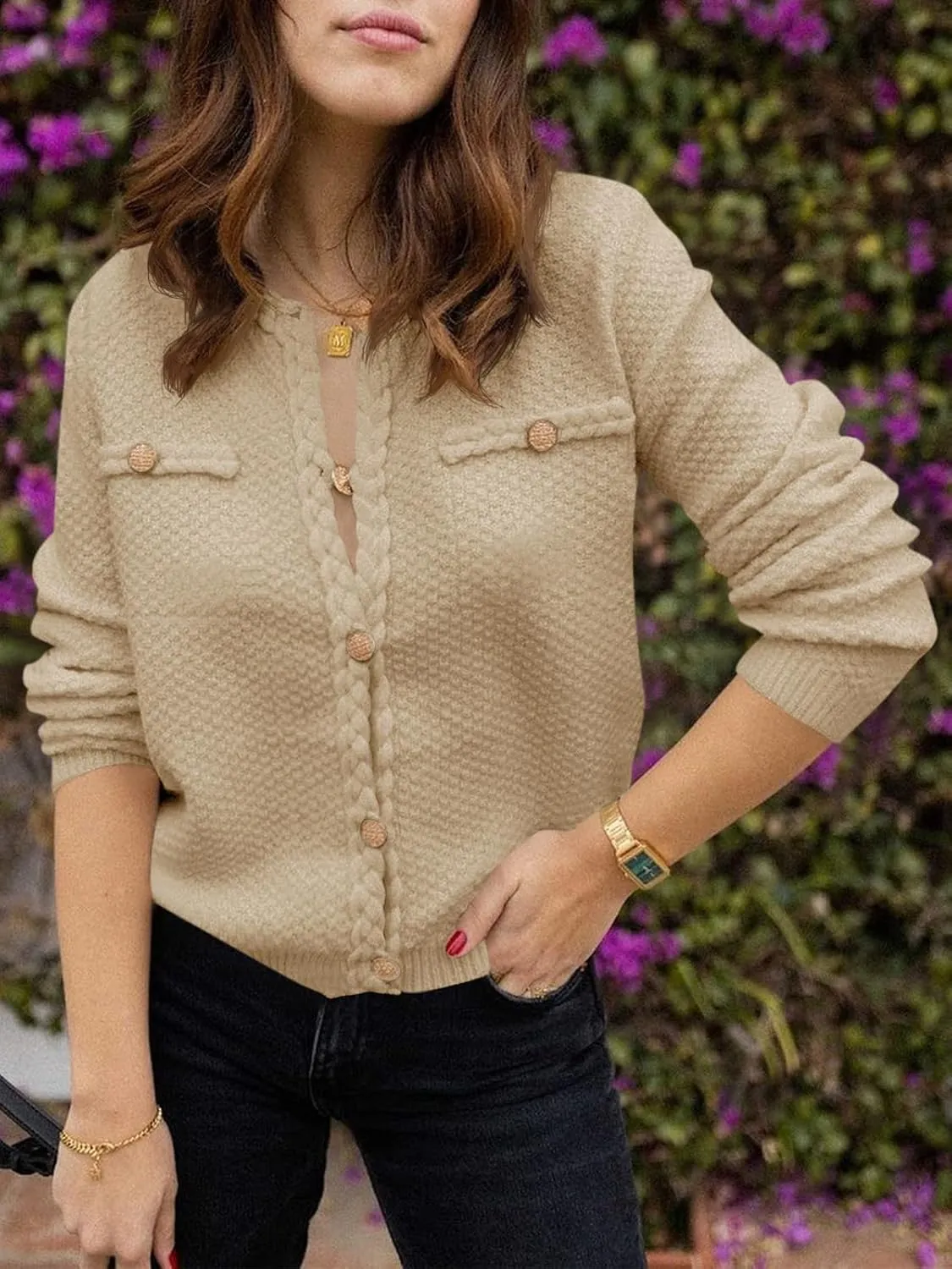 Saodimallsu Womens Button Up Cardigan Long Sleeve Open Front Cable Knit Fall Trendy Sweater Jacket with Pockets