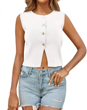 Saodimallsu Womens Sleeveless Cropped Sweater Vest Summer Trendy Knit Crop Tank Tops Crewneck Button Y2K Going Out Top