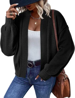Saodimallsu Womens Waffle Knit Cardigan Puff Long Sleeve Oversized Casual Short Open Front Sweater