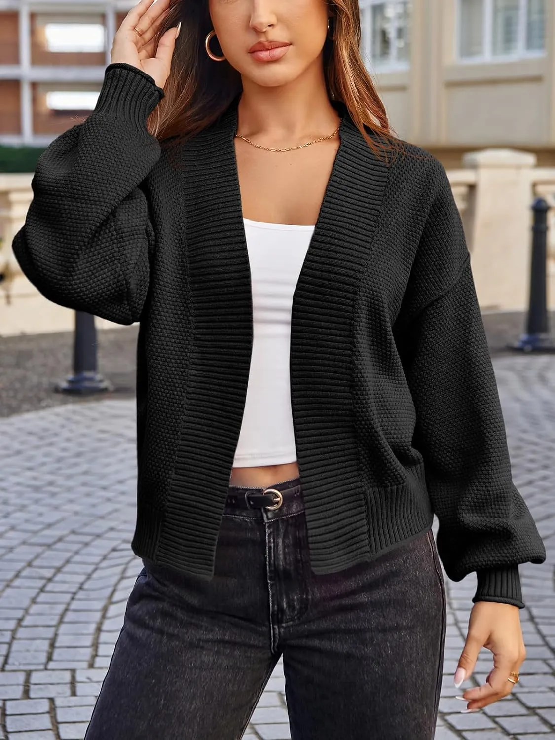 Saodimallsu Womens Waffle Knit Cardigan Puff Long Sleeve Oversized Casual Short Open Front Sweater