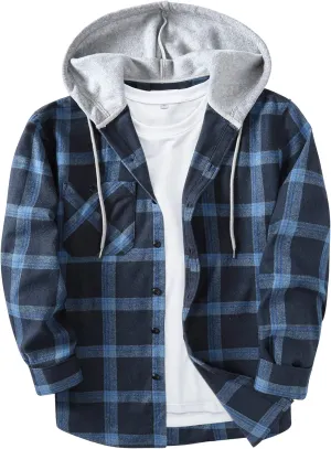 SCODI Mens Flannel Hoodie Shirt Casual Button Down Plaid Jacket Shirts Stylish Long Sleeve Shirts with Pocket