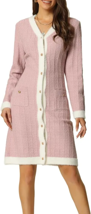 Seta T Women's Fall Contrast Color Dresses Long Sleeve Open Front Button V Neck Cardigans Sweaters Dress