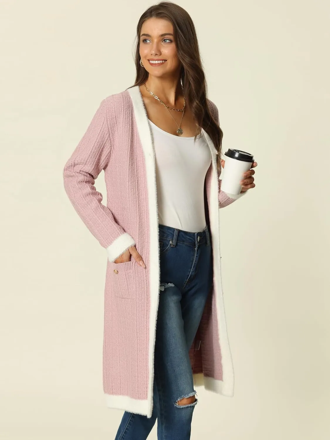 Seta T Women's Fall Contrast Color Dresses Long Sleeve Open Front Button V Neck Cardigans Sweaters Dress