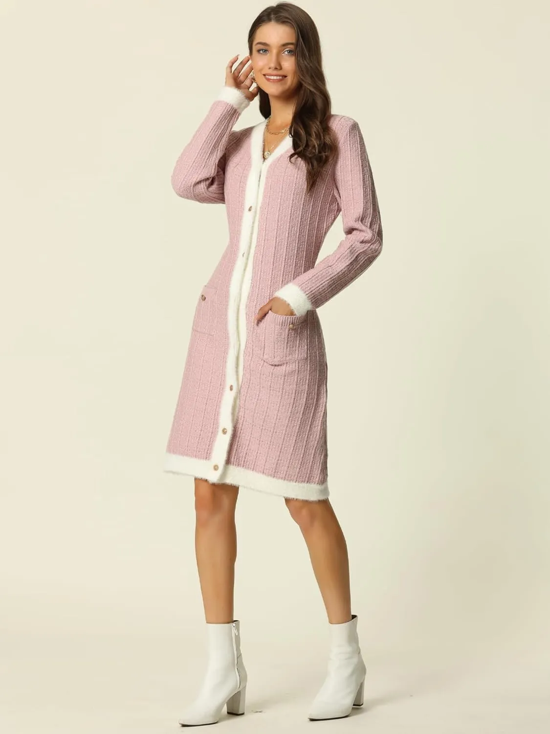 Seta T Women's Fall Contrast Color Dresses Long Sleeve Open Front Button V Neck Cardigans Sweaters Dress
