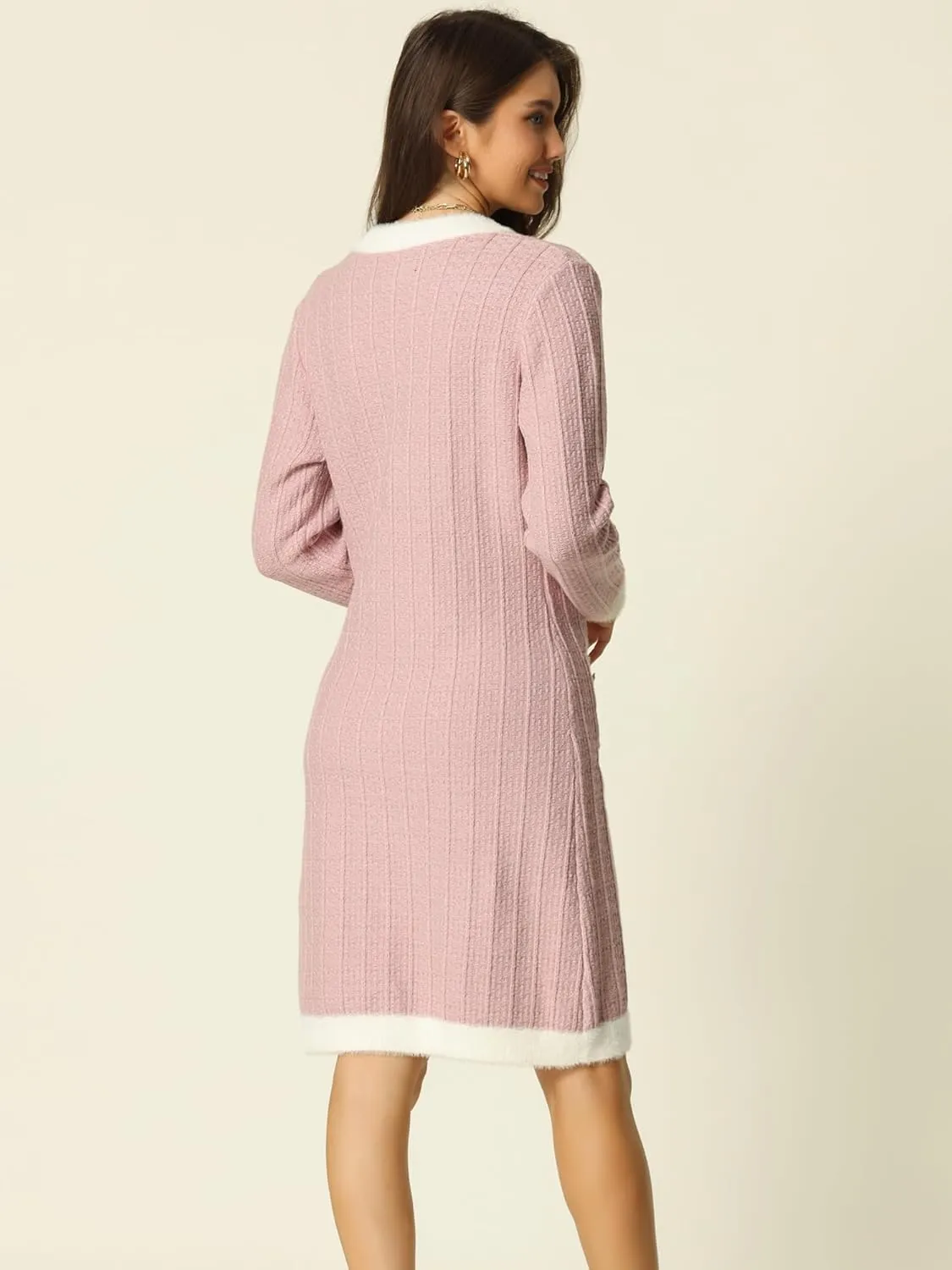 Seta T Women's Fall Contrast Color Dresses Long Sleeve Open Front Button V Neck Cardigans Sweaters Dress