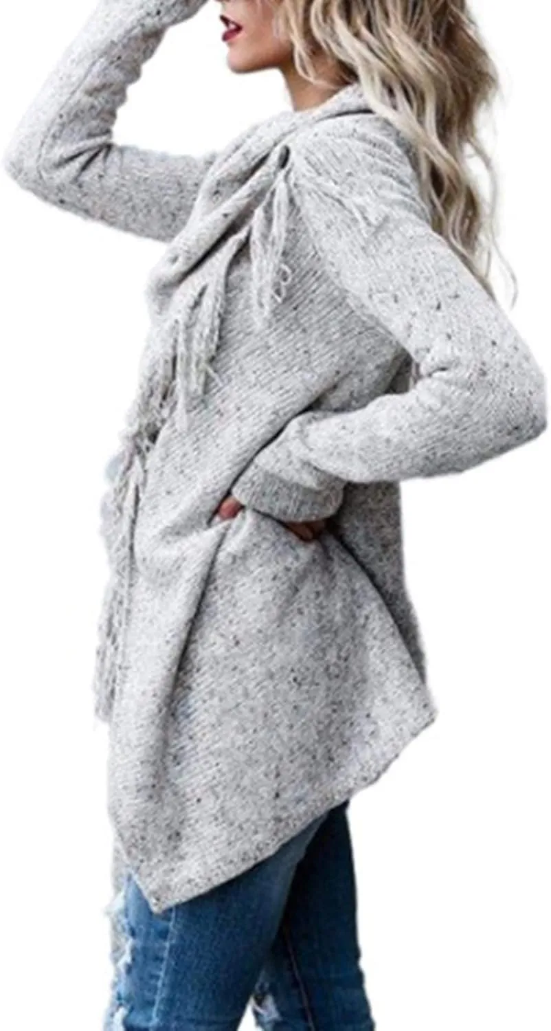 Sexyshine Women's Casual Fall Knit Long Sleeve Tassels Irregular Loose Cardigan Pullover Striped Sweater Poncho