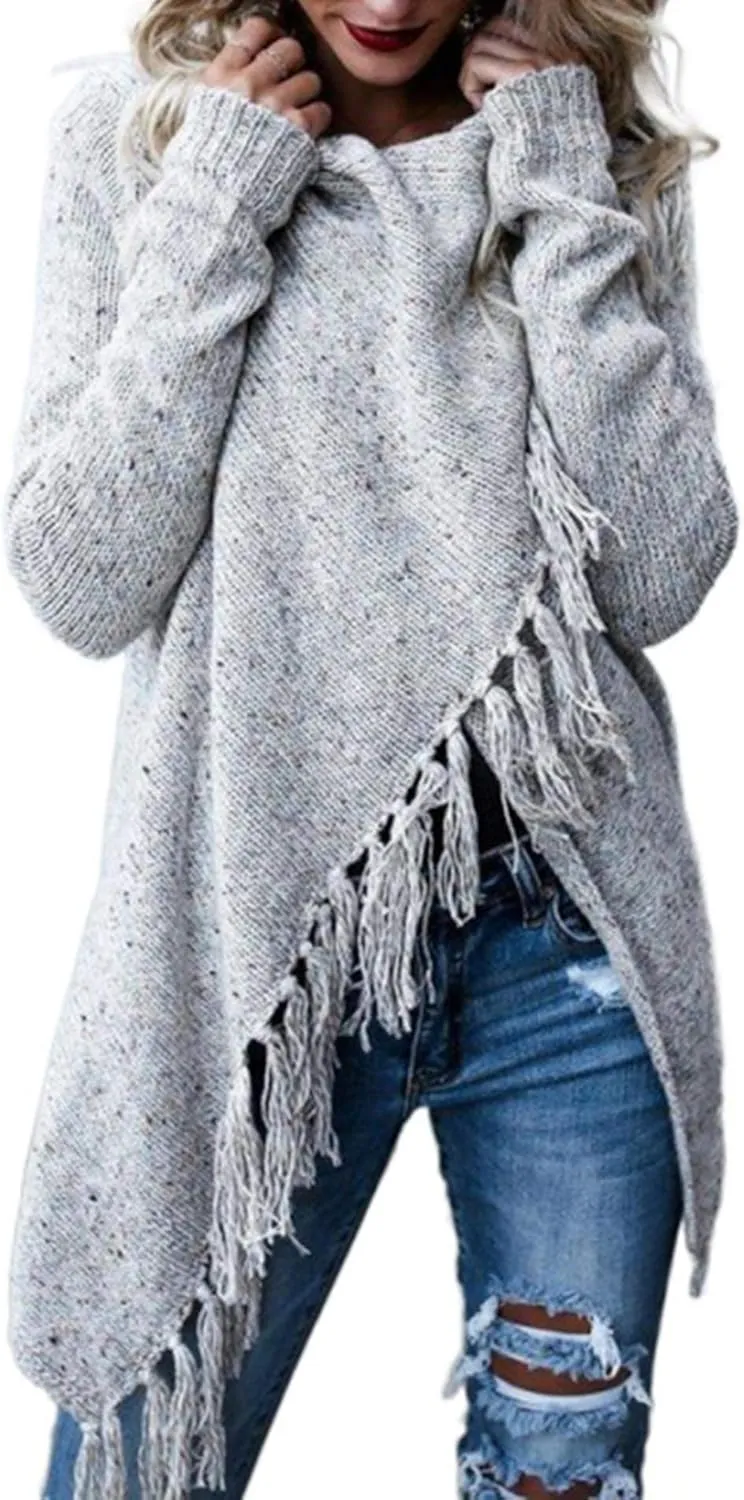 Sexyshine Women's Casual Fall Knit Long Sleeve Tassels Irregular Loose Cardigan Pullover Striped Sweater Poncho