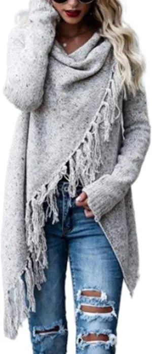 Sexyshine Women's Casual Fall Knit Long Sleeve Tassels Irregular Loose Cardigan Pullover Striped Sweater Poncho