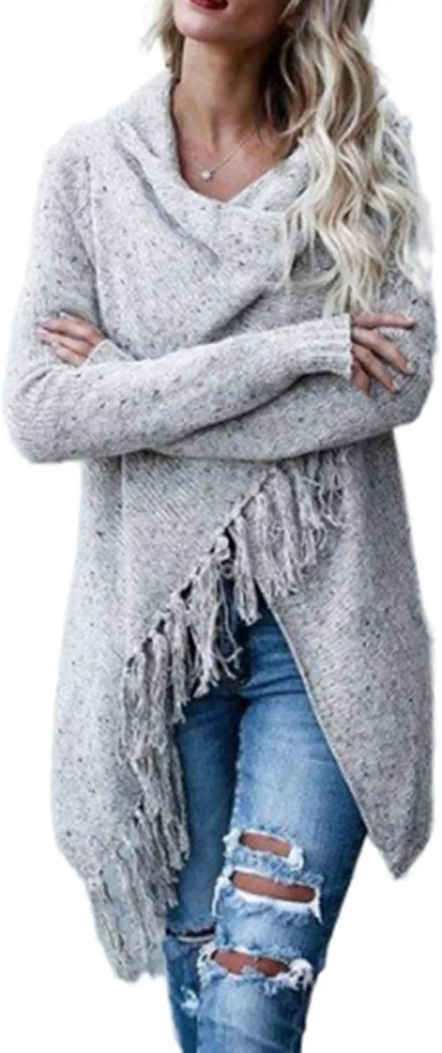 Sexyshine Women's Casual Fall Knit Long Sleeve Tassels Irregular Loose Cardigan Pullover Striped Sweater Poncho