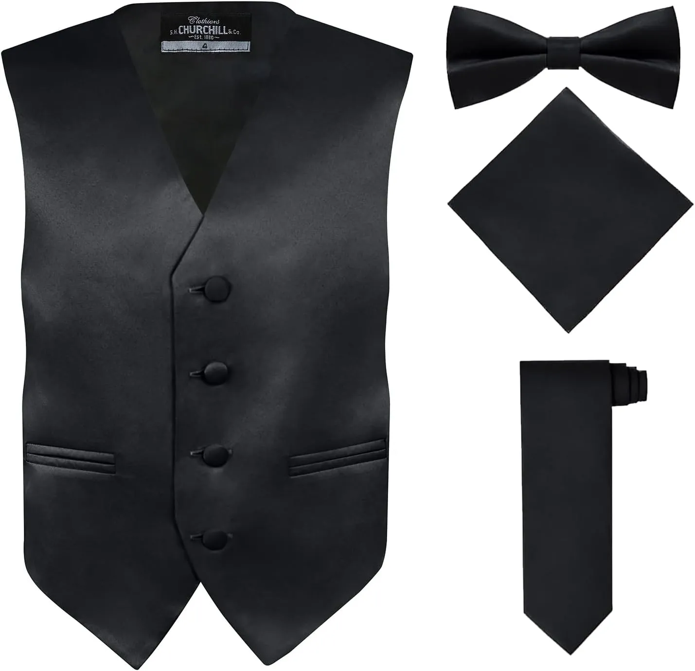 S.H. Churchill & Co. Boy's 4 Piece Vest Set, with Bow Tie, Neck Tie & Pocket Hankie