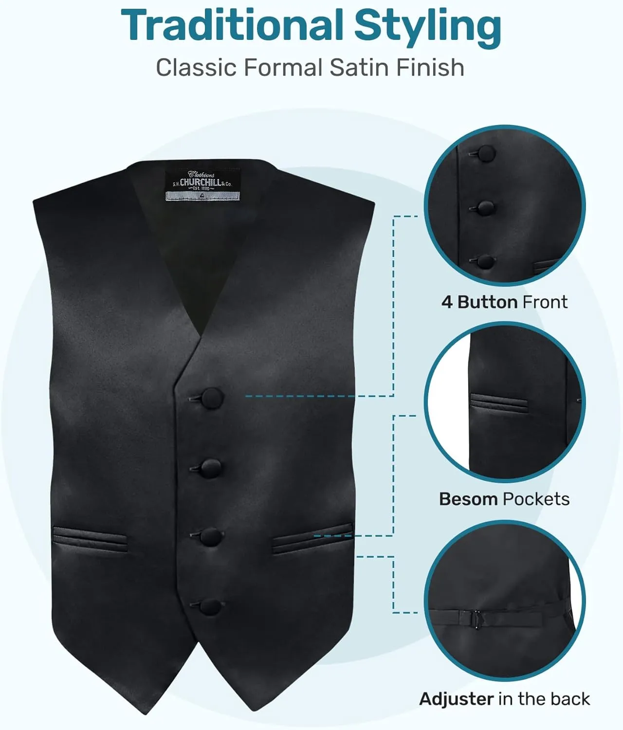 S.H. Churchill & Co. Boy's 4 Piece Vest Set, with Bow Tie, Neck Tie & Pocket Hankie