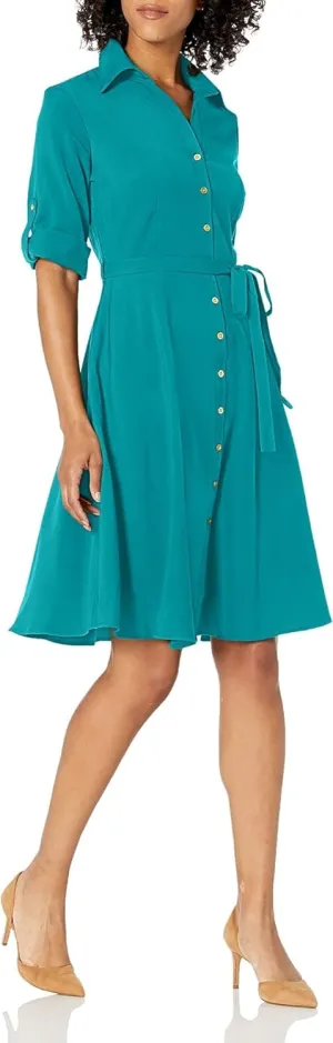 Sharagano Women's Button Front Pleated Shirt Casual Dress