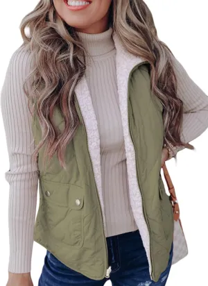 SHEWIN Women Puffer Vest Casual Stand Collar Sleeveless Puffer Jacket Warm Winter Reversible Zip Up Outerwear with Pockets