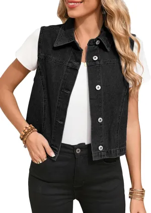 Sidefeel Women's Denim Vest Sleeveless Collared Zimbaplatinum Crop Jean Vest Top Button Down Waistcoat