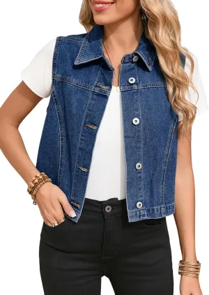Sidefeel Women's Denim Vest Sleeveless Collared Zimbaplatinum Crop Jean Vest Top Button Down Waistcoat
