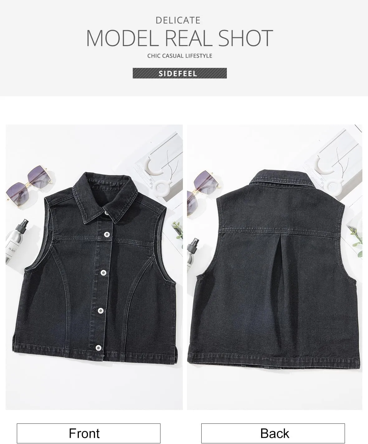 Sidefeel Women's Denim Vest Sleeveless Collared Zimbaplatinum Crop Jean Vest Top Button Down Waistcoat