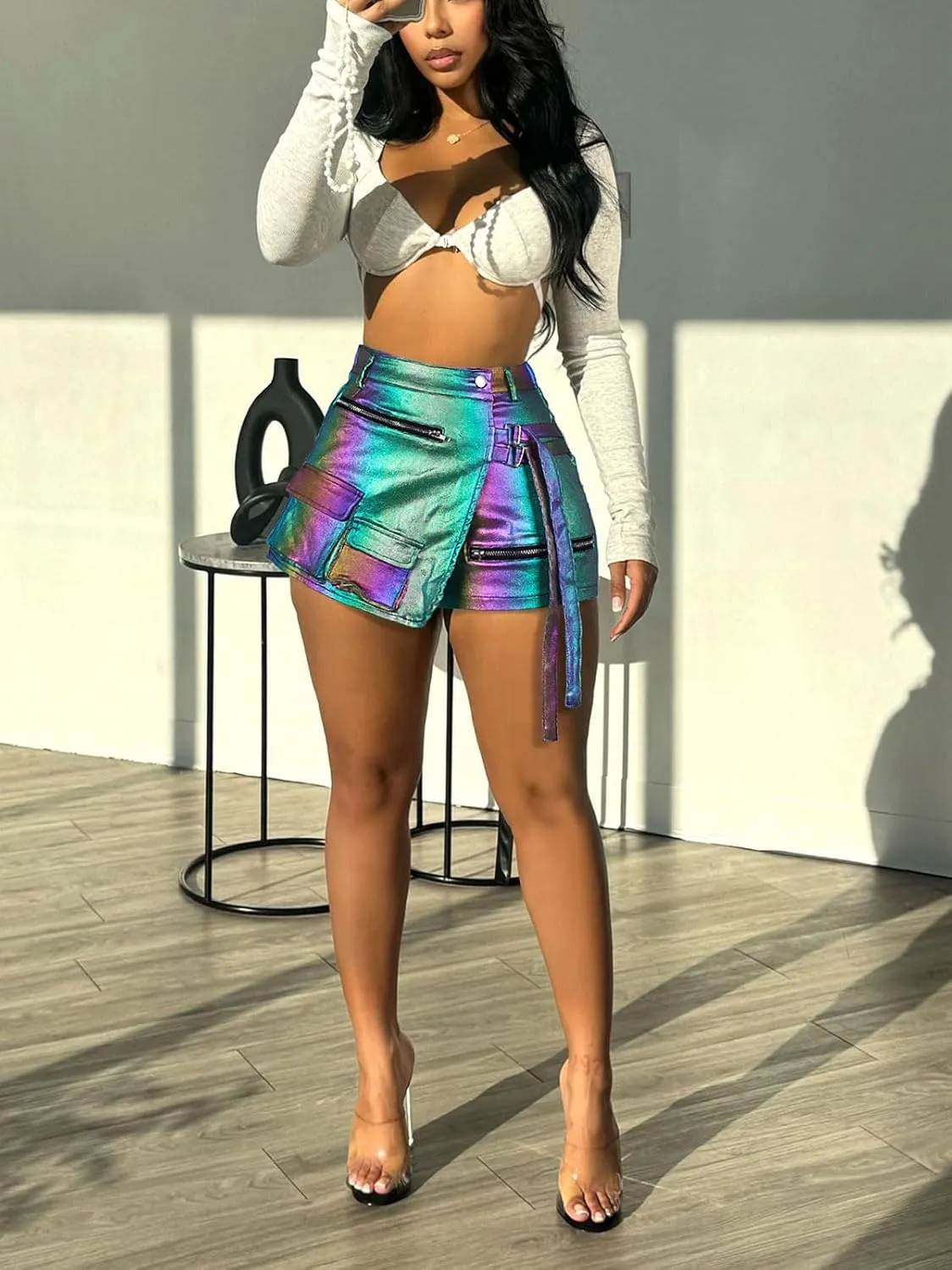 Skorts for Woman Metallic Faux Leather High Waisted Shorts Cargo Shiny Summer Sexy Asymmetrical Skirt Shorts