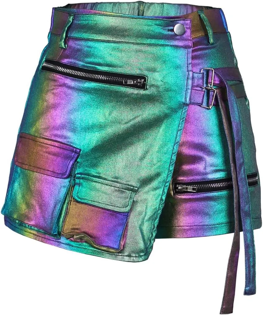 Skorts for Woman Metallic Faux Leather High Waisted Shorts Cargo Shiny Summer Sexy Asymmetrical Skirt Shorts