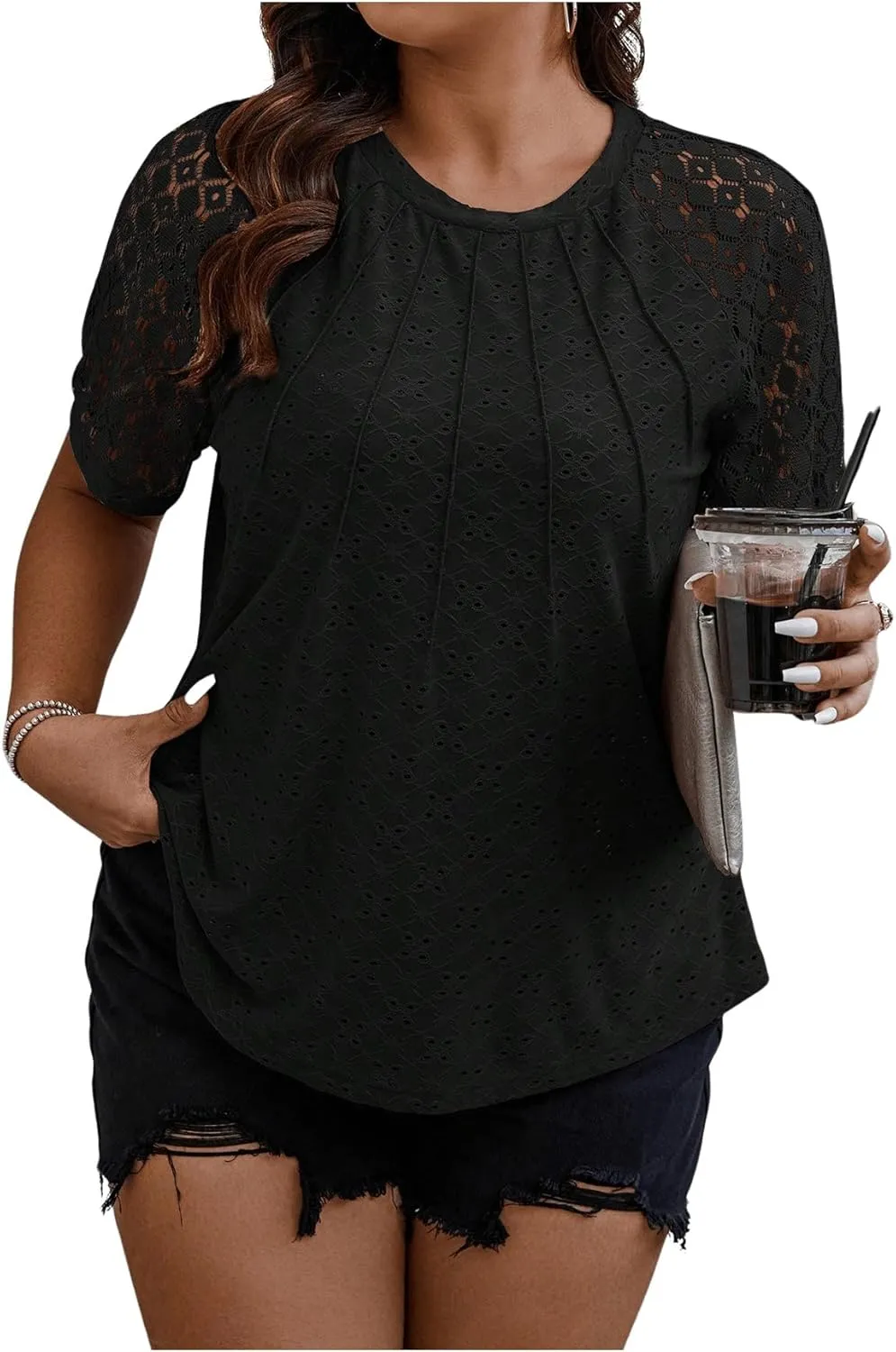 SOLY HUX Women's Plus Size Contrast Lace Short Sleeve Tee Round Neck Summer T Shirt Tops
