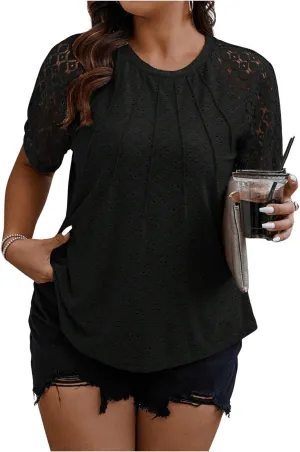 SOLY HUX Women's Plus Size Contrast Lace Short Sleeve Tee Round Neck Summer T Shirt Tops