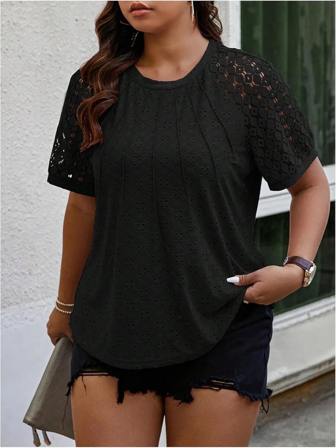 SOLY HUX Women's Plus Size Contrast Lace Short Sleeve Tee Round Neck Summer T Shirt Tops