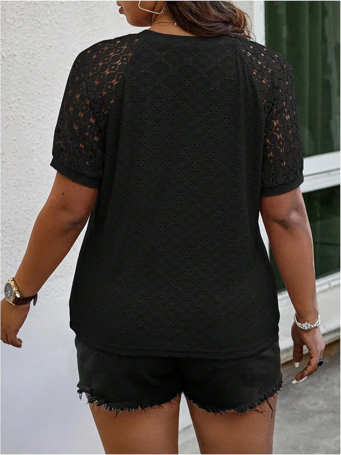 SOLY HUX Women's Plus Size Contrast Lace Short Sleeve Tee Round Neck Summer T Shirt Tops