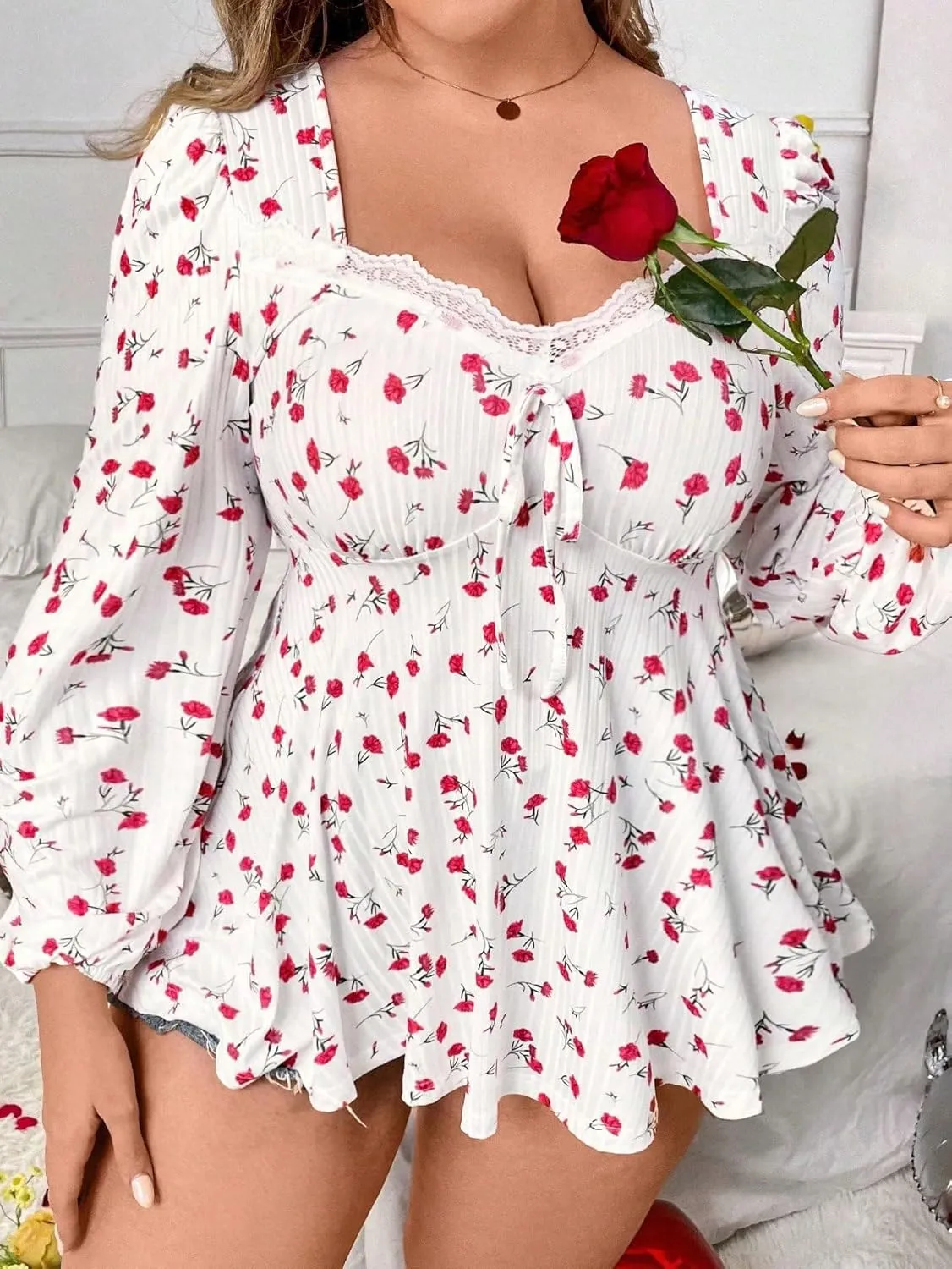 SOLY HUX Women's Plus Size T Shirt Floral Print Lace Trim Bishop Long Sleeve Ruffle Hem Tee Tops