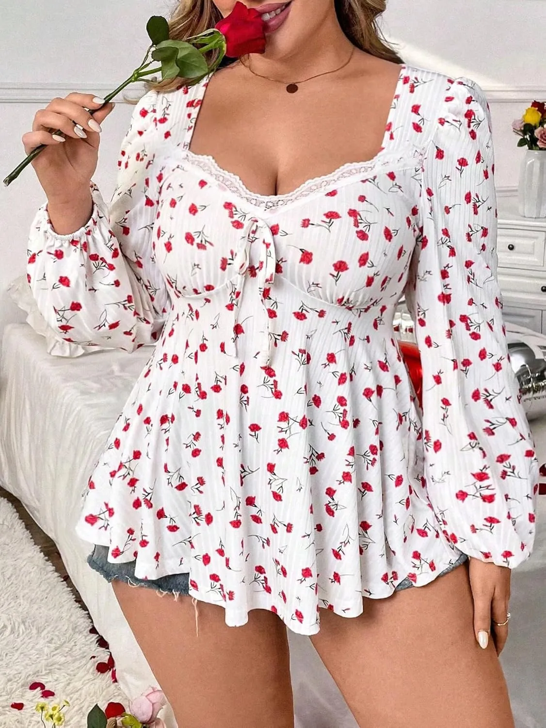 SOLY HUX Women's Plus Size T Shirt Floral Print Lace Trim Bishop Long Sleeve Ruffle Hem Tee Tops