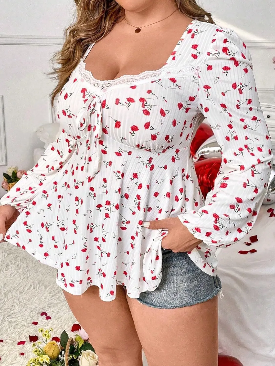 SOLY HUX Women's Plus Size T Shirt Floral Print Lace Trim Bishop Long Sleeve Ruffle Hem Tee Tops