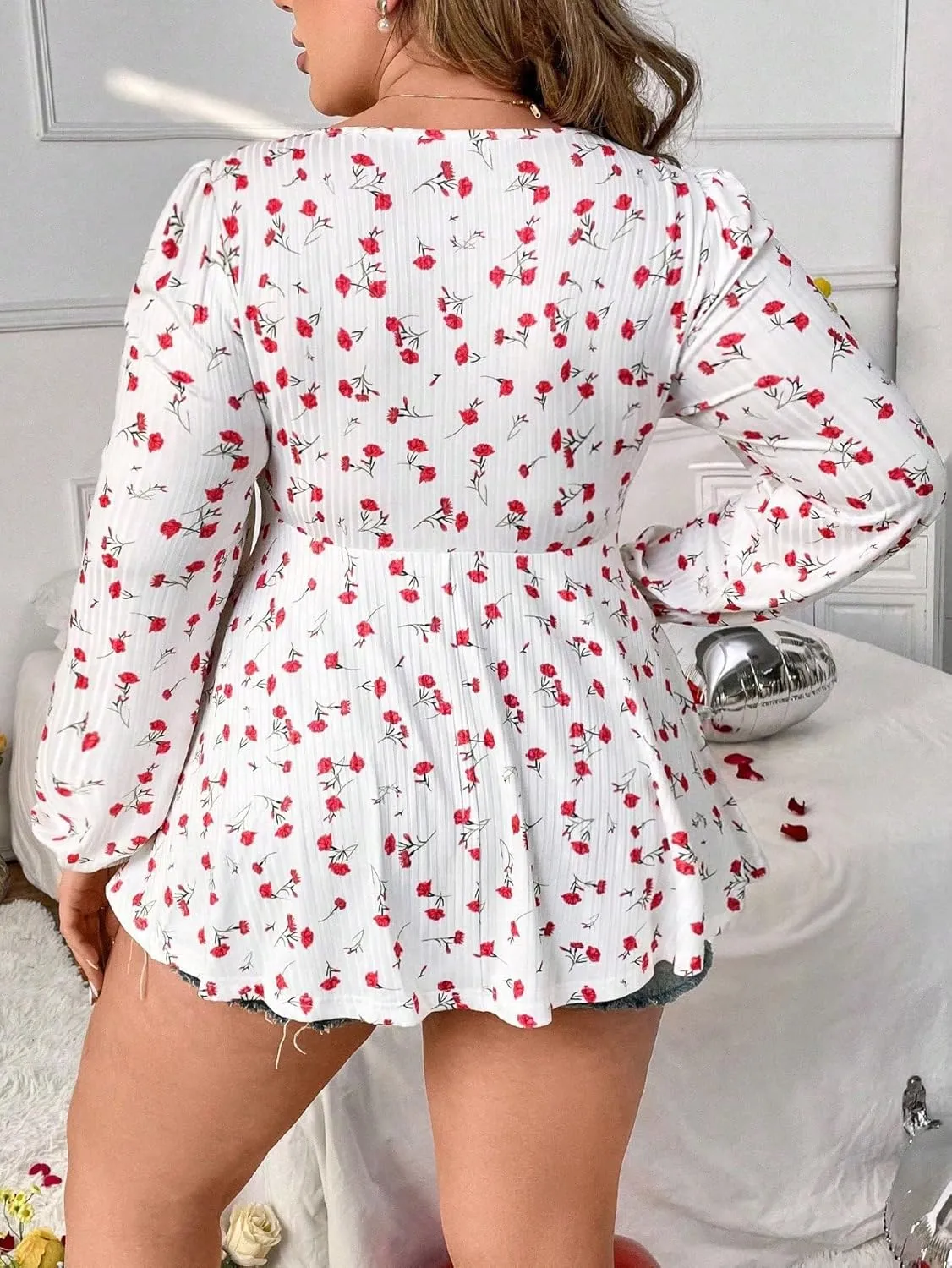 SOLY HUX Women's Plus Size T Shirt Floral Print Lace Trim Bishop Long Sleeve Ruffle Hem Tee Tops