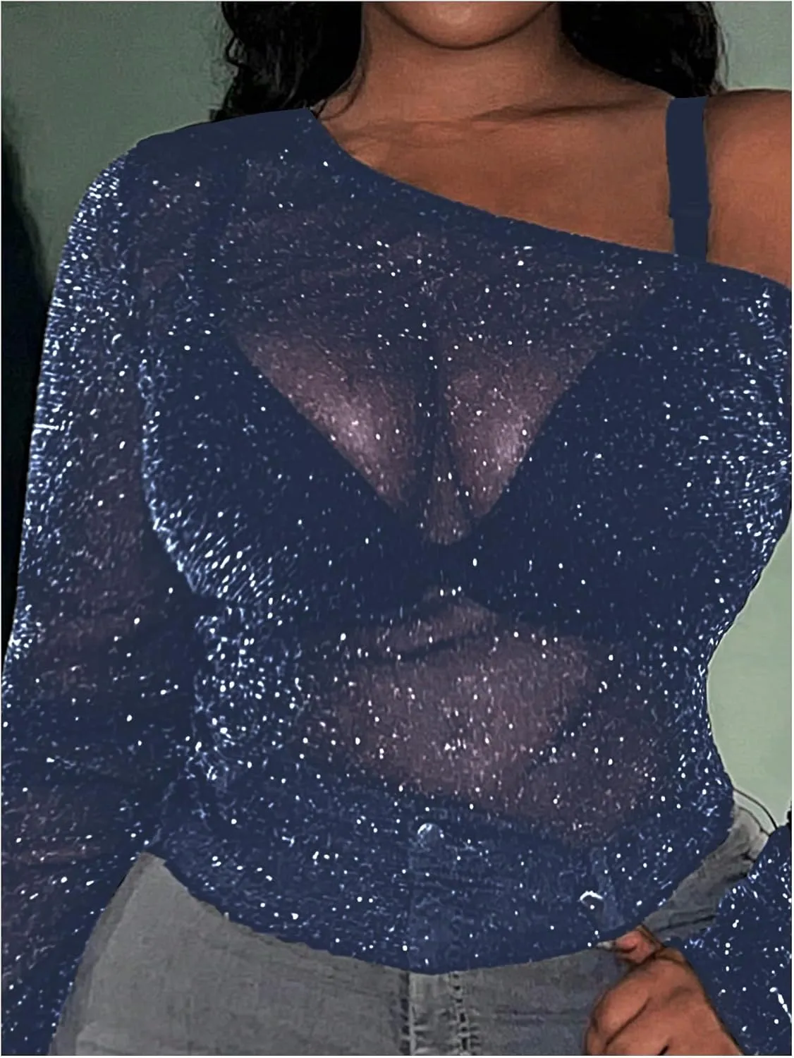 SOLY HUX Women's Plus Size T Shirts See Through Sheer Tops Off The Shoulder Long Sleeve Sexy Sparkly Tee