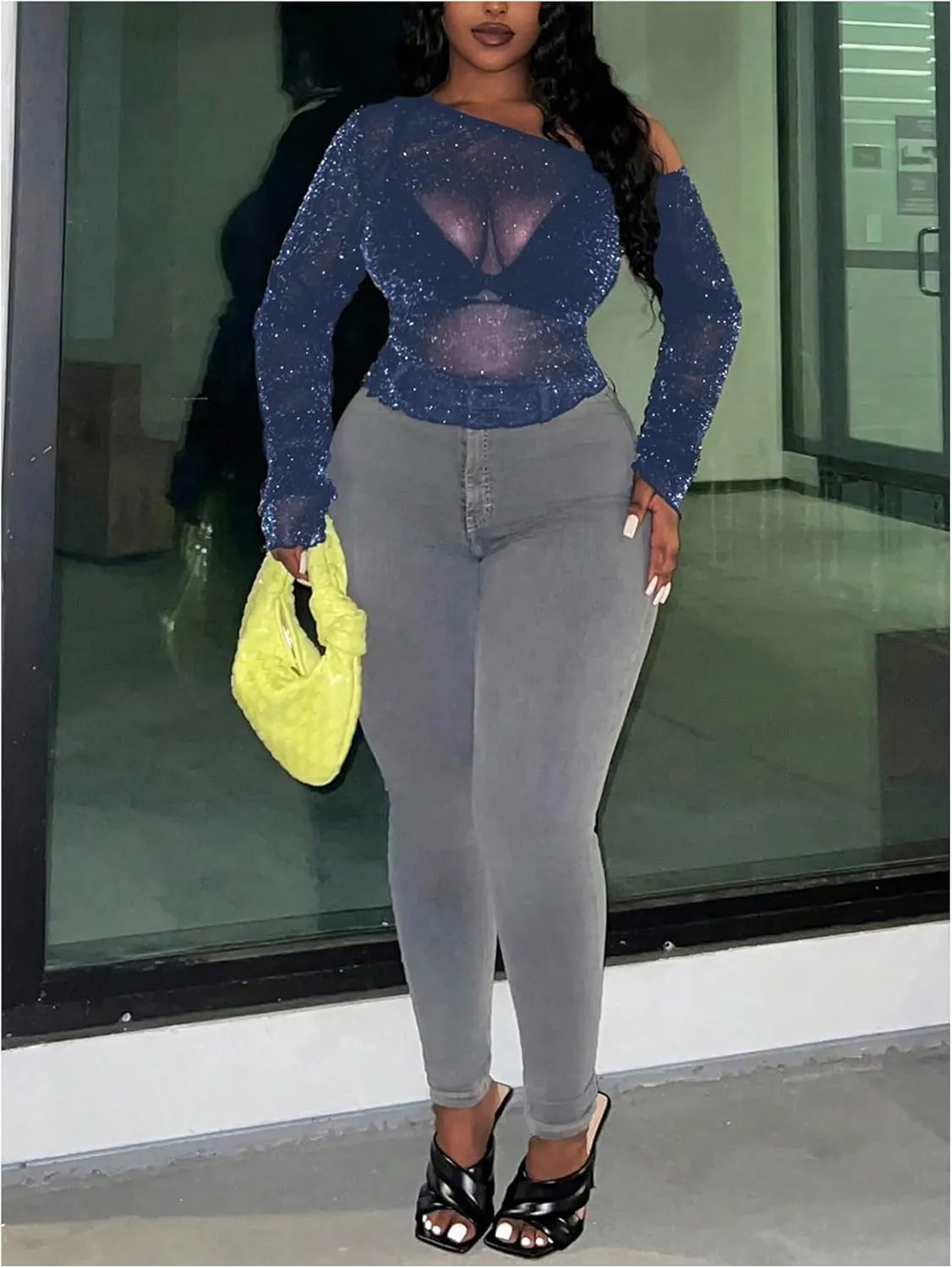 SOLY HUX Women's Plus Size T Shirts See Through Sheer Tops Off The Shoulder Long Sleeve Sexy Sparkly Tee