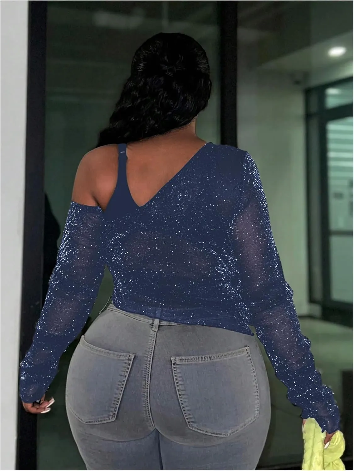 SOLY HUX Women's Plus Size T Shirts See Through Sheer Tops Off The Shoulder Long Sleeve Sexy Sparkly Tee