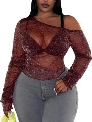 SOLY HUX Women's Plus Size T Shirts See Through Sheer Tops Off The Shoulder Long Sleeve Sexy Sparkly Tee