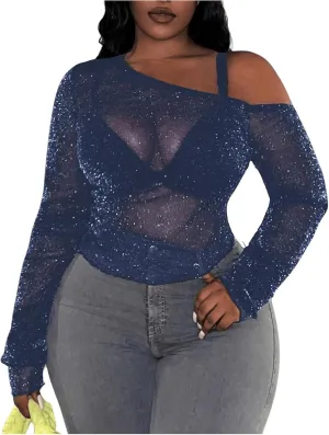 SOLY HUX Women's Plus Size T Shirts See Through Sheer Tops Off The Shoulder Long Sleeve Sexy Sparkly Tee