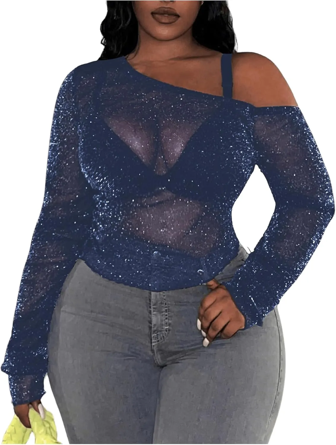 SOLY HUX Women's Plus Size T Shirts See Through Sheer Tops Off The Shoulder Long Sleeve Sexy Sparkly Tee