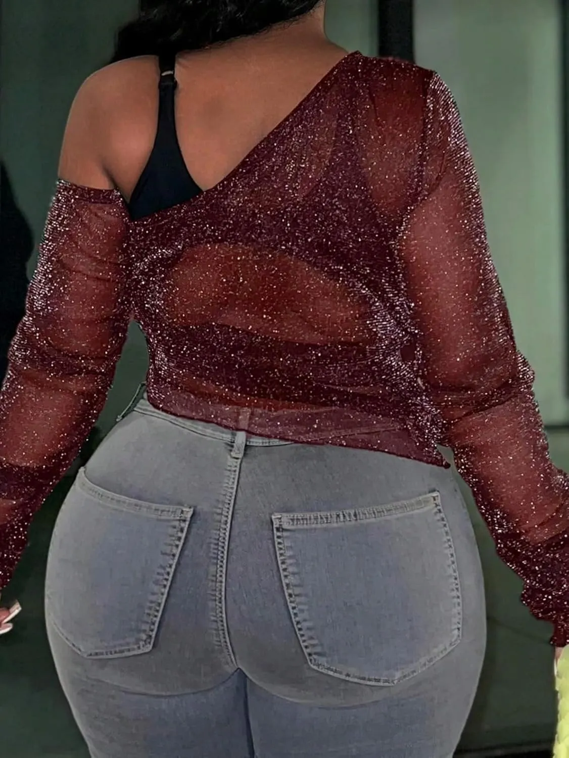 SOLY HUX Women's Plus Size T Shirts See Through Sheer Tops Off The Shoulder Long Sleeve Sexy Sparkly Tee