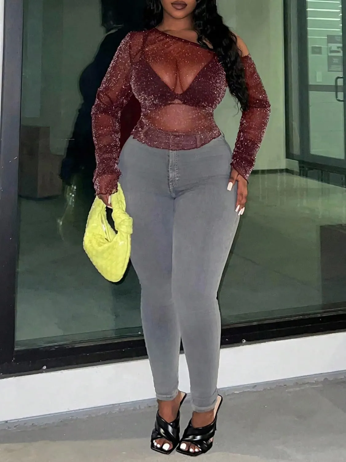 SOLY HUX Women's Plus Size T Shirts See Through Sheer Tops Off The Shoulder Long Sleeve Sexy Sparkly Tee